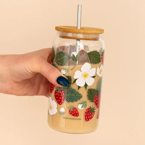 Strawberry Patch Glass Tumbler with straw