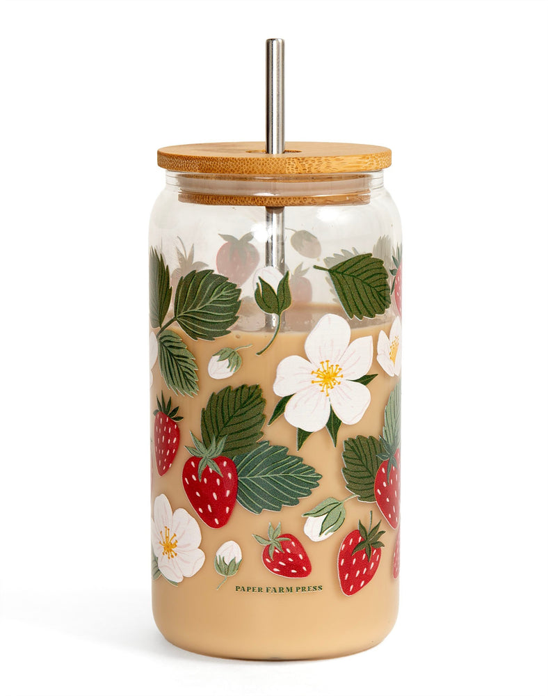 Strawberry Patch Glass Tumbler with straw