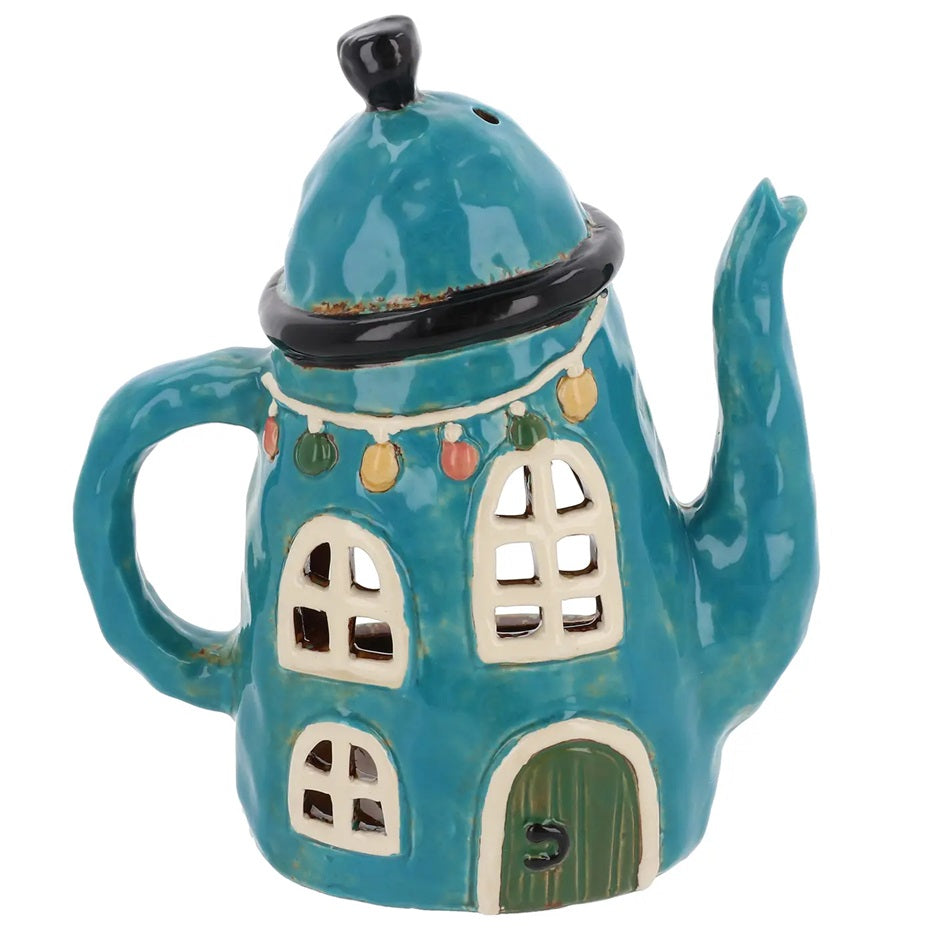 Village Collection: Blue Teapot House Tealight Holder / Planter