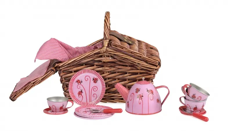 Mini Ladybug Tin Tea Set - In Wicker Basket